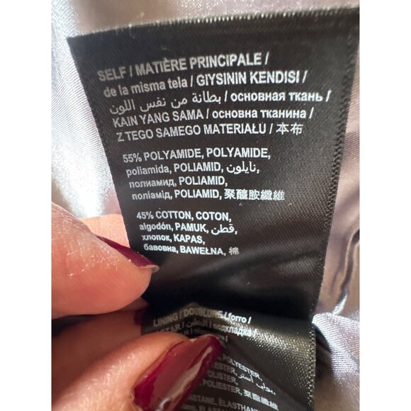 Bebe Grey Silver Lace Longline Blazer Coat Jacket L Sheer Scalloped Hem Dressy - Picture 6 of 14